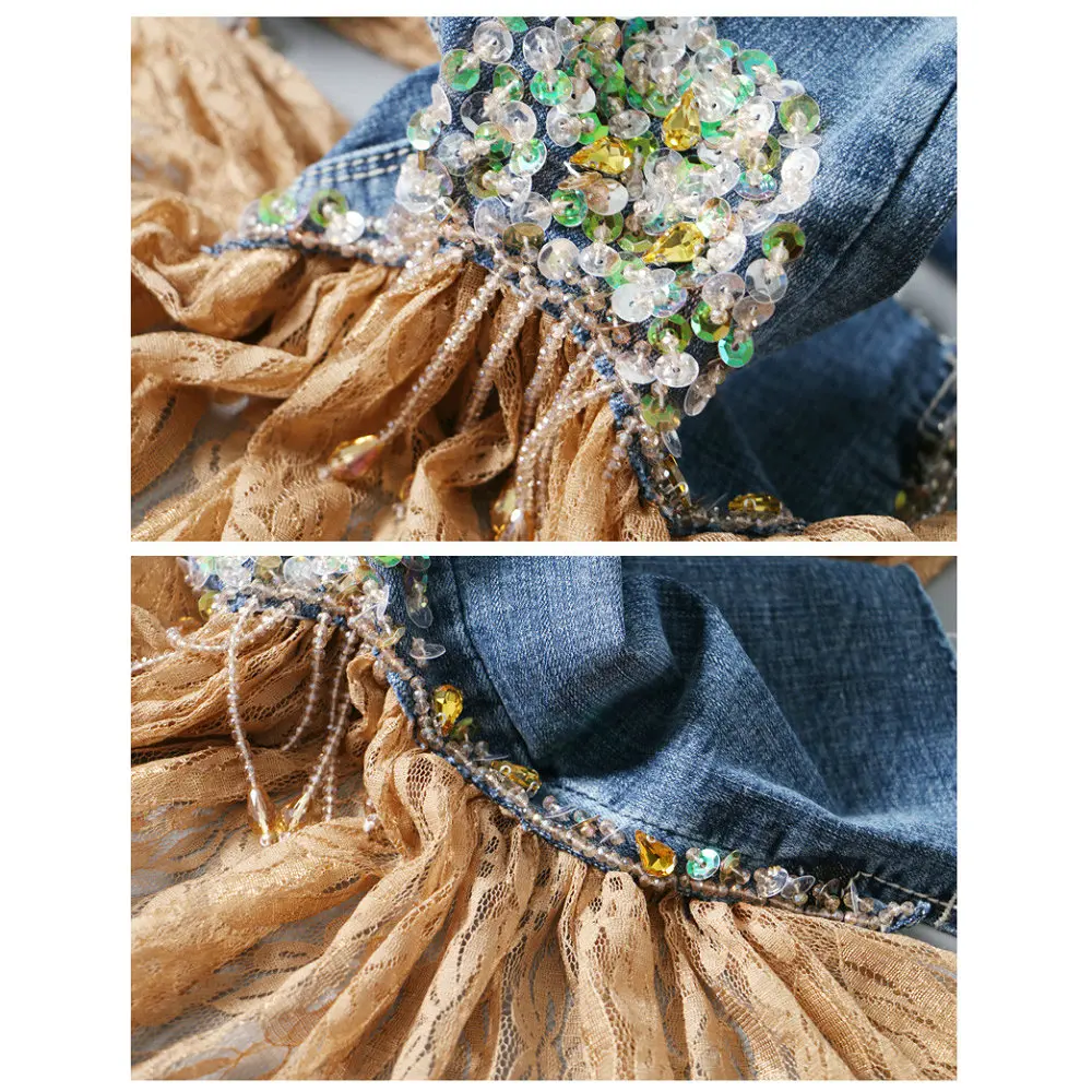 2018 женские модные кружевные комбинированные джинсы длинные узкие брюки