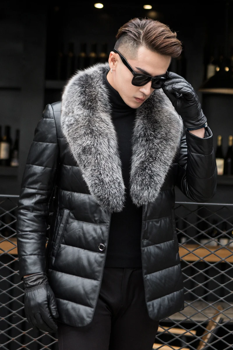 

KMETRAM 2020 Leather Down Cotton Men Genuine Leather With Real Fox Fur Mens Sheepskin Winter Jacket Men Black Parka Men HH507