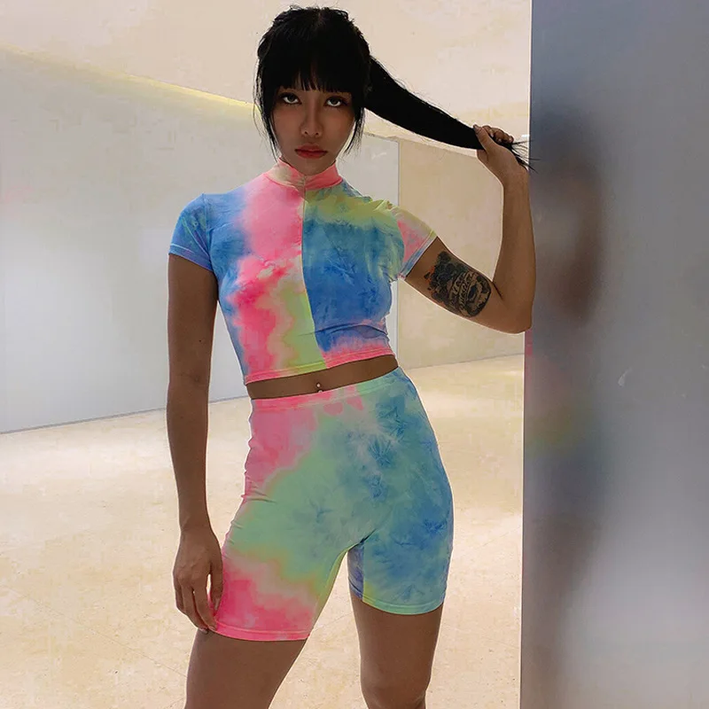 Toplook, женские комплекты из двух предметов с принтом Tie Dye,, короткий рукав, короткий топ, шорты, высокая талия, летняя Клубная уличная одежда, подходящие комплекты