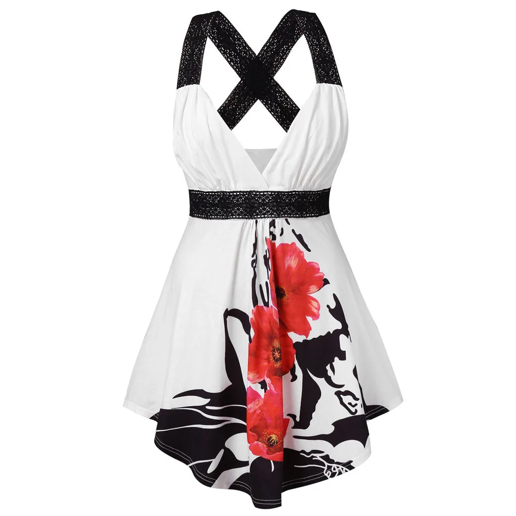 Летняя модная повседневная Кружевная туника на бретелях с цветочным принтом