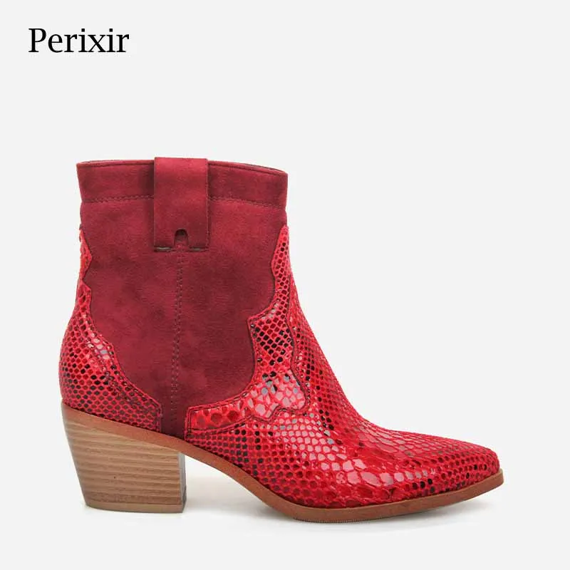 Perixir/Новинка; сезон весна-осень; женские ботинки; ботильоны; Роскошные красные ботинки «Челси» из змеиной кожи; пикантные женские ботинки с острым носком на квадратном каблуке