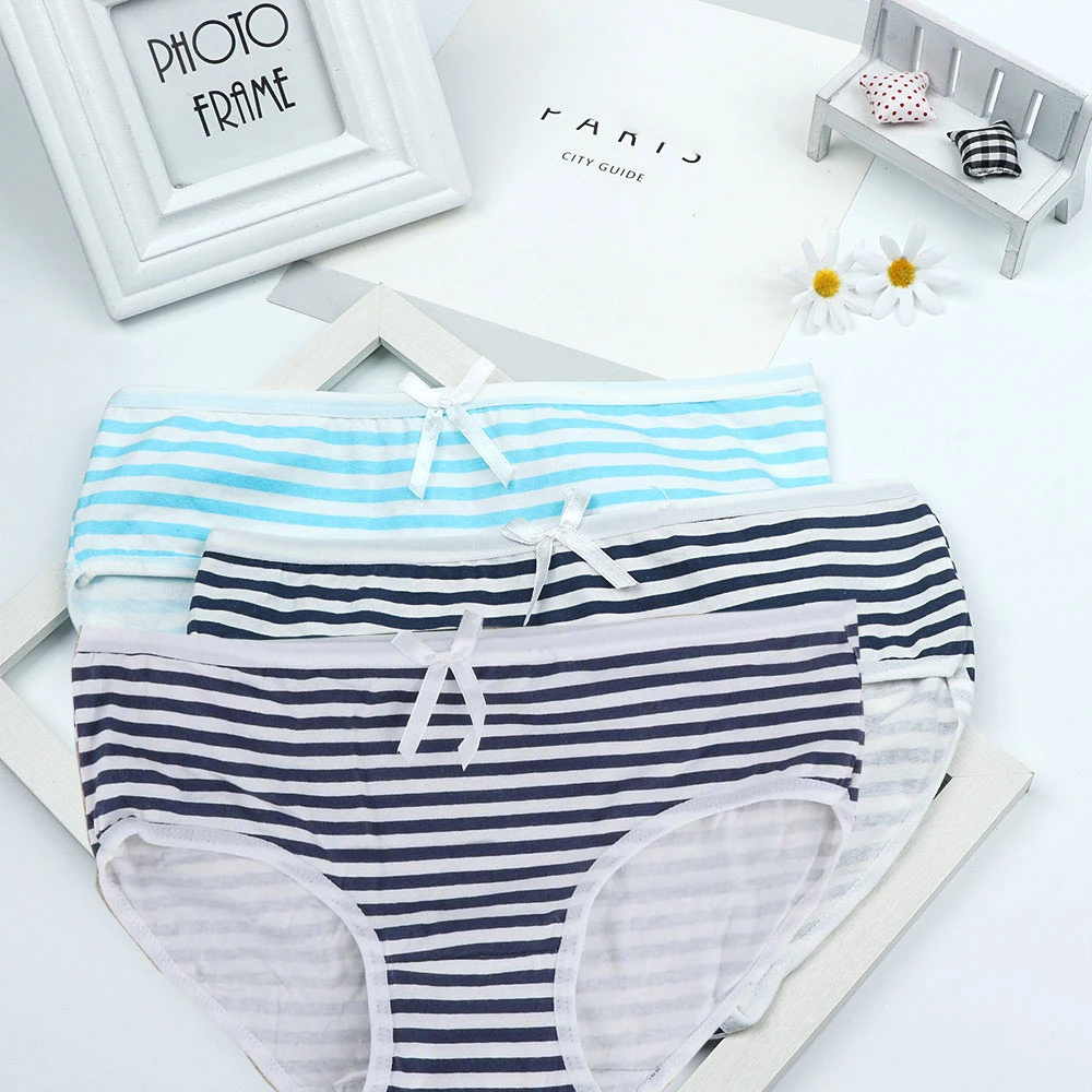 Женские трусики в мелкую полоску темно синего цвета милое нижнее белье с бантом
