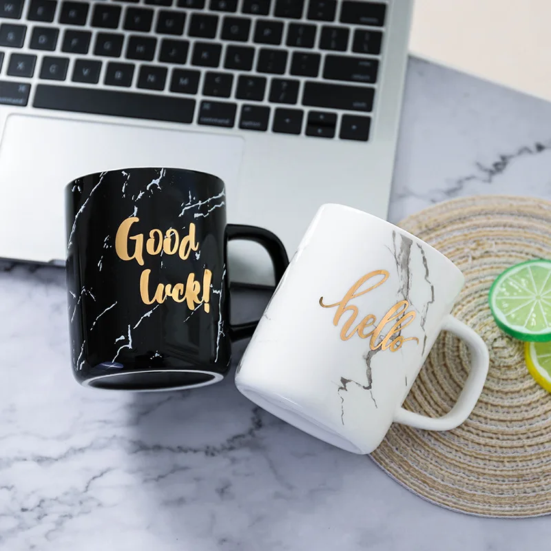 Мраморная стеклянная кофейная кружка с буквенным принтом крышкой и ложкой