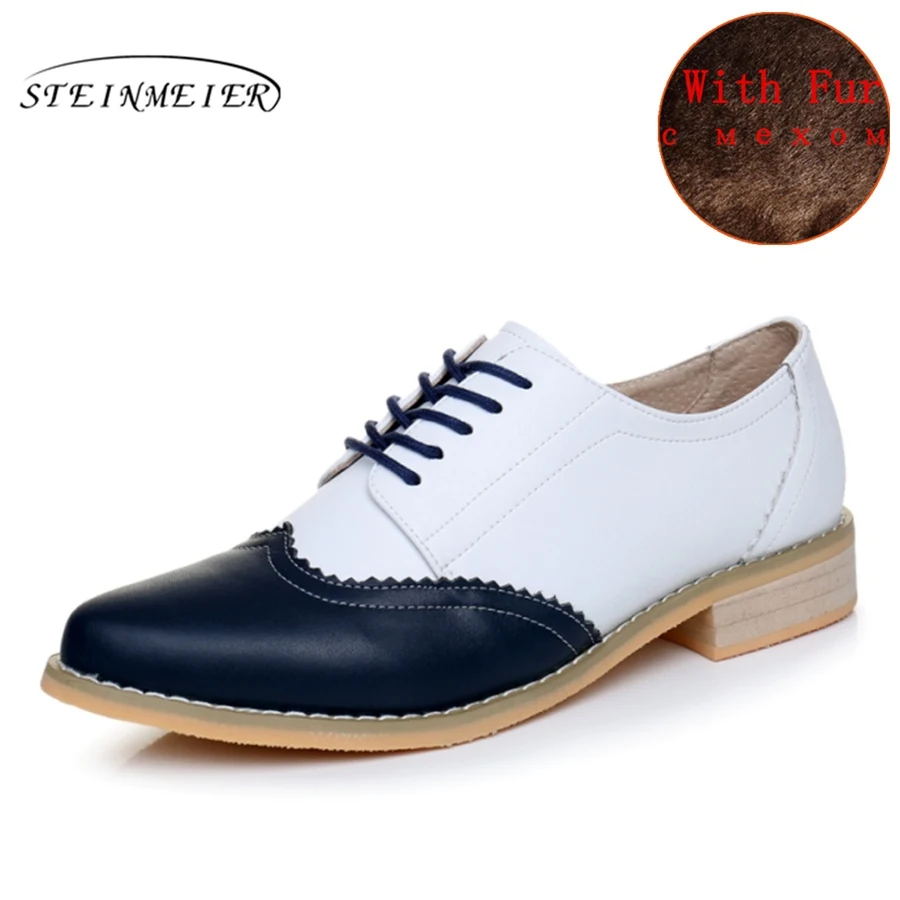 dark blue white fur Повседневные дизайнерские винтажные женские туфли на плоской подошве из натуральной коровьей кожи; женские туфли-оксфорды ручной работы с мехом; цвет красный, синий, желтый, коричневый - Color: dark blue white fur