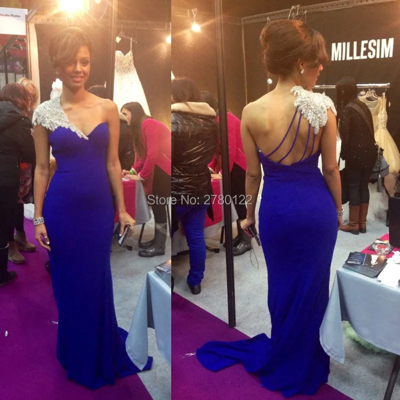 2020 New Designer Beading One-Shoulder Royal Blue Appliques Lace Chiffon Formal Evening Dresses Mermaid Sweetheart Gowns | Свадьбы и
