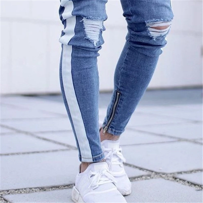 

Men Slim Ripped Jeans Side Striped Zipper Denim Pencil Pants Destroyed Frayed Designed Full Length Streetwear Blue 224-151