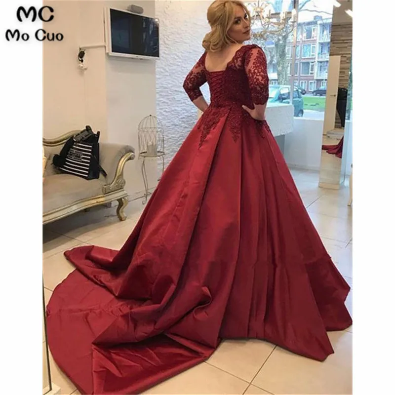 2019 A-Line Plus Size Burgundy Evening Prom Dresses Long Draped 3/4 Sleeves Satin Lace Up Back Party Dress Custom Made | Свадьбы и