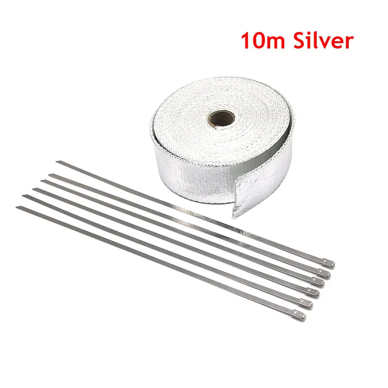 10M Silver ZSDTRP " x50' лента для сохранения тепла выхлопных газов титан/черный мотоциклы выхлопная труба анти-Горячая обертка теплоколлектор изоляционная ткань рулон+ галстуки - Цвет: 10M Silver