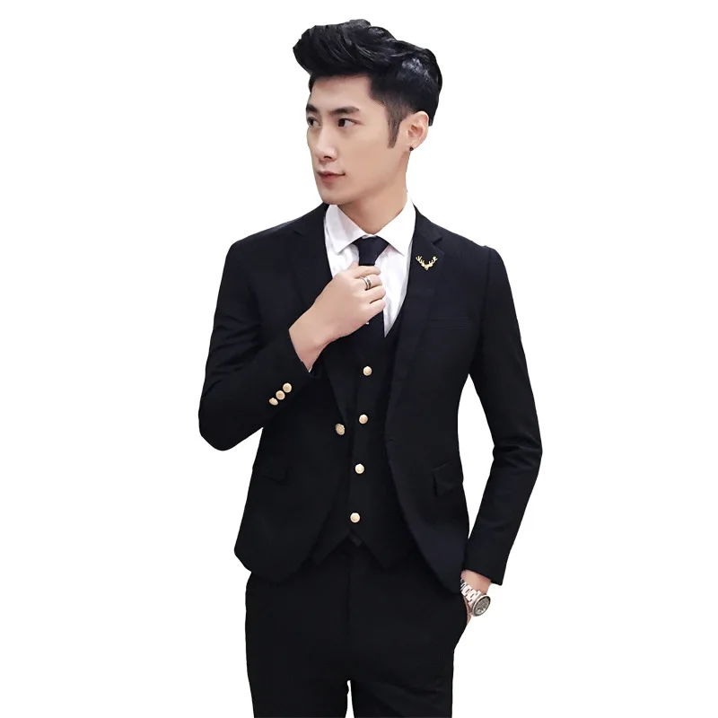 

Men Black Blue One Button Business Casual Dress Suits Pants Set British Style Slim 3 Pieces Wedding Suits Costume Mariage Homme