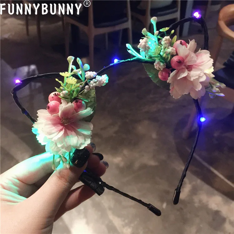 FUNNYBUNNY светодиодный Сияющие мерцающие цветы кошка животные уши повязка мигающий для волос аксессуары