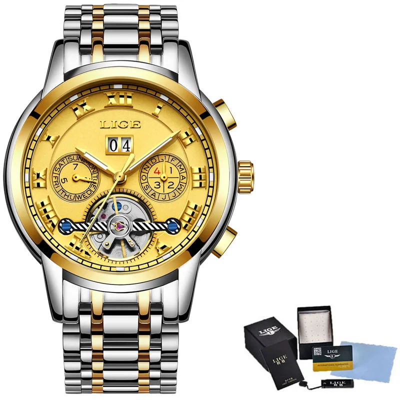 steel all gold Новинка, Брендовые мужские часы LIGE, топ класса люкс, автоматические механические часы, мужские часы из нержавеющей стали, деловые часы, Relogio Masculino - Цвет: steel all gold