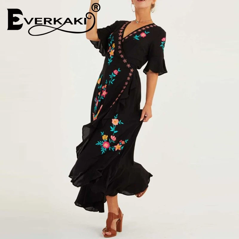 Everkaki черное Бохо длинное праздничное женское платье 2019 Подиум хлопок вышивка