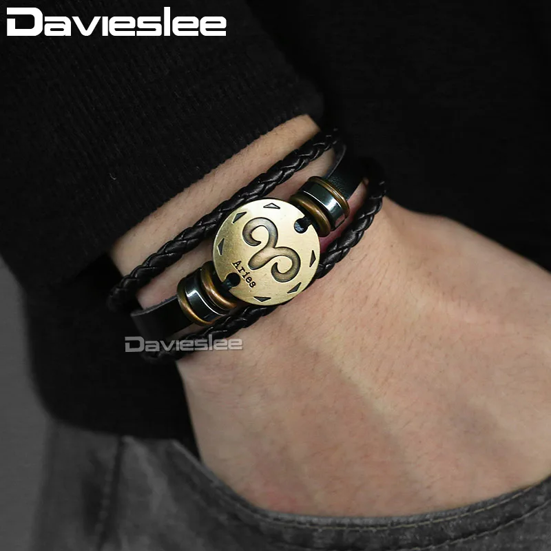Davieslee 12 Кожаный браслет для мужчин, винтажные Ретро Браслеты, мужские ювелирные изделия, подарки, Знак зодиака Leo DLBM136A