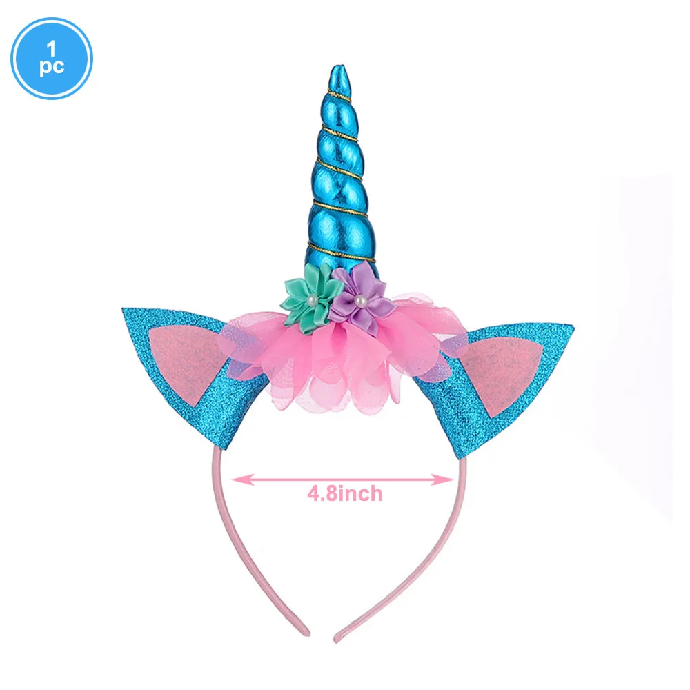 1pc headband blue Набор принадлежностей для дня рождения с единорогом, Золотая повязка на голову с единорогом для девочек, Розовая атласная лента, латексные шарики для дня рождения - Цвет: 1pc headband blue