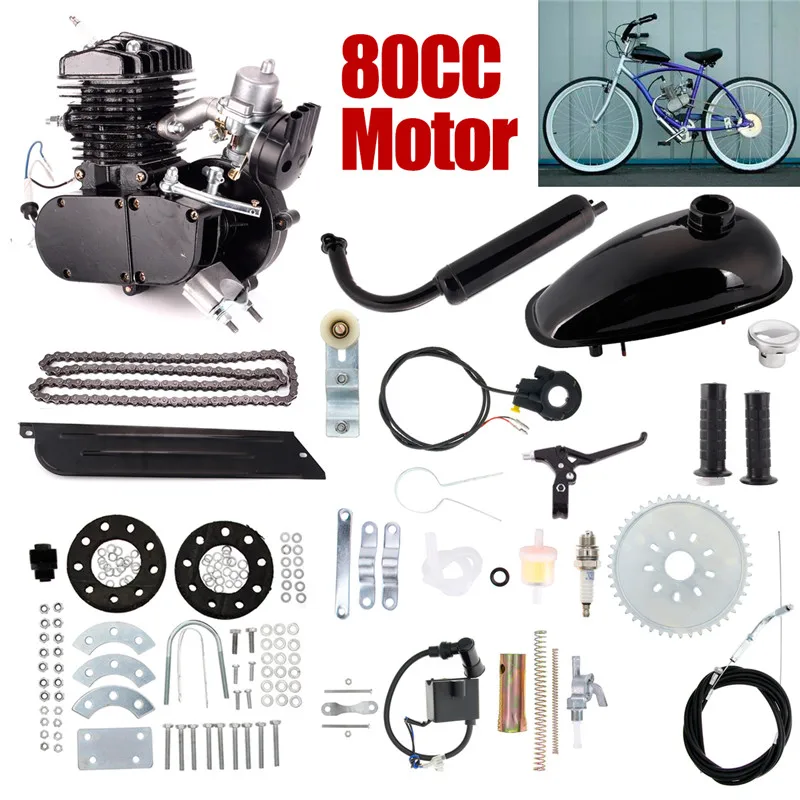 80cc 2 тактный комплект для двигателя для DIY моторизованный велосипед, полный бензиновый цикл, комплект двигателя высокого качества - Цвет: Черный