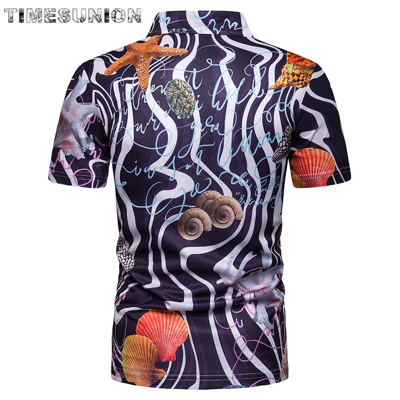 Мужская облегающая стрейчевая рубашка поло из пике с 3D принтом в виде океана