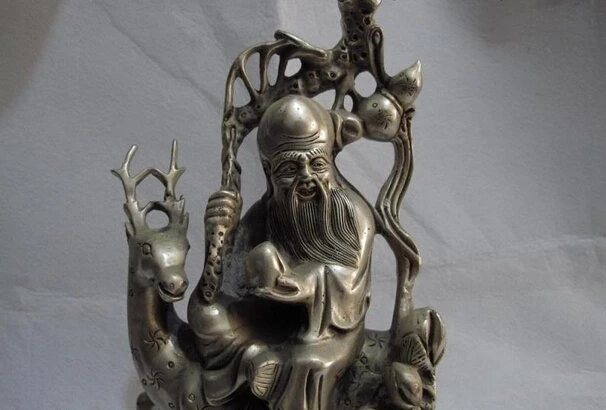 song voge gem S1434 China Fengshui copper silver God of Longevity Life Star On Deer &amp Peach Statue | Дом и сад