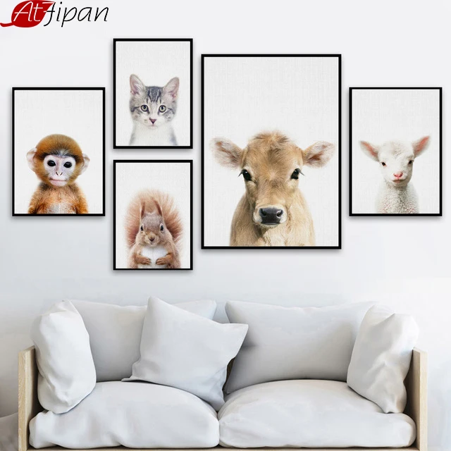 

Atfipan Cartoon Nordic Style Painting Cow Sheep Cat Canvas Posters And Prints Wall Art For Nursery Living Room Decor Framework