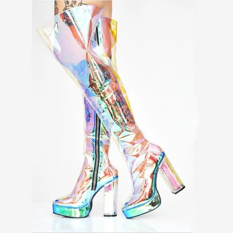 Прозрачные высокие летние сапоги до бедра женские с высокой талией Яркая обувь