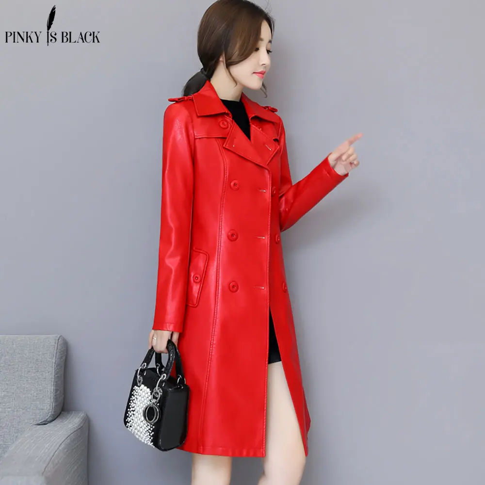 PinkyIsblack 2022 New Spring Women Long Leather Jacket Slim Belt Motorcycle PU Leather Long Jacket Coat Leather Trench