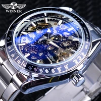 winner blue glass gear movement transparent mens automatic wrist watch top brand luxury male 3d skeleton mechanical wrist watch