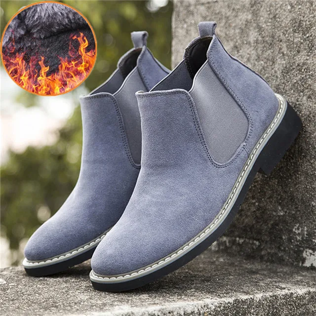 Gray Boots Merkmak/зимние мужские теплые ботинки; однотонные повседневные теплые ботинки на меху; мужская кожаная обувь без шнуровки; нескользящие мужские ботинки на плоской подошве; большие размеры 38-46 - Цвет: Gray Boots