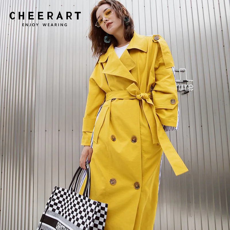 Женский Длинный Тренч в полоску Cheerart желтый стиле пэчворк тонкая ветровка