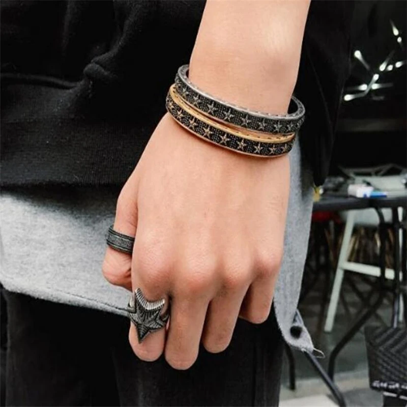 Fashion brand retro five-pointed star titanium steel bracelets 316L Cuff personality men and women open bracelet European | Украшения и