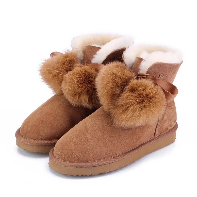 Chestnut MBR FORCE/Новое поступление; женские зимние замшевые ботинки из овечьей кожи с меховой подкладкой; стильные зимние ботильоны с помпонами для милых девушек - Цвет: Chestnut