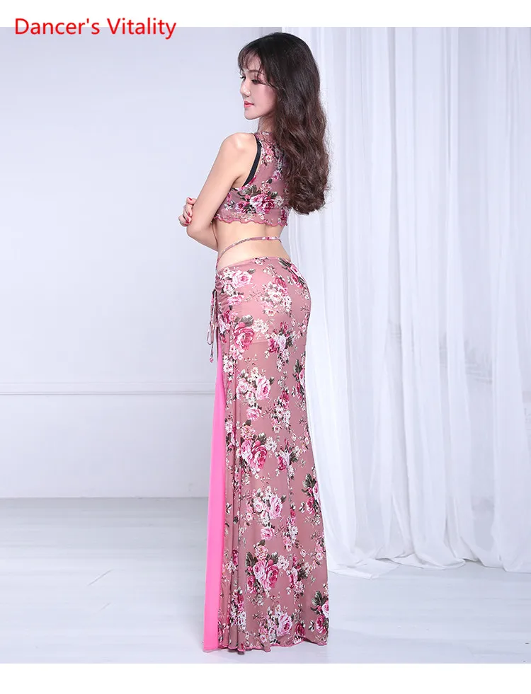 Женский костюм для танца живота, сексуальное Сетчатое платье, длинная юбка, для восточных танцев, комплект для соревнований, топ+ юбка, 2 шт., для взрослых, розовый