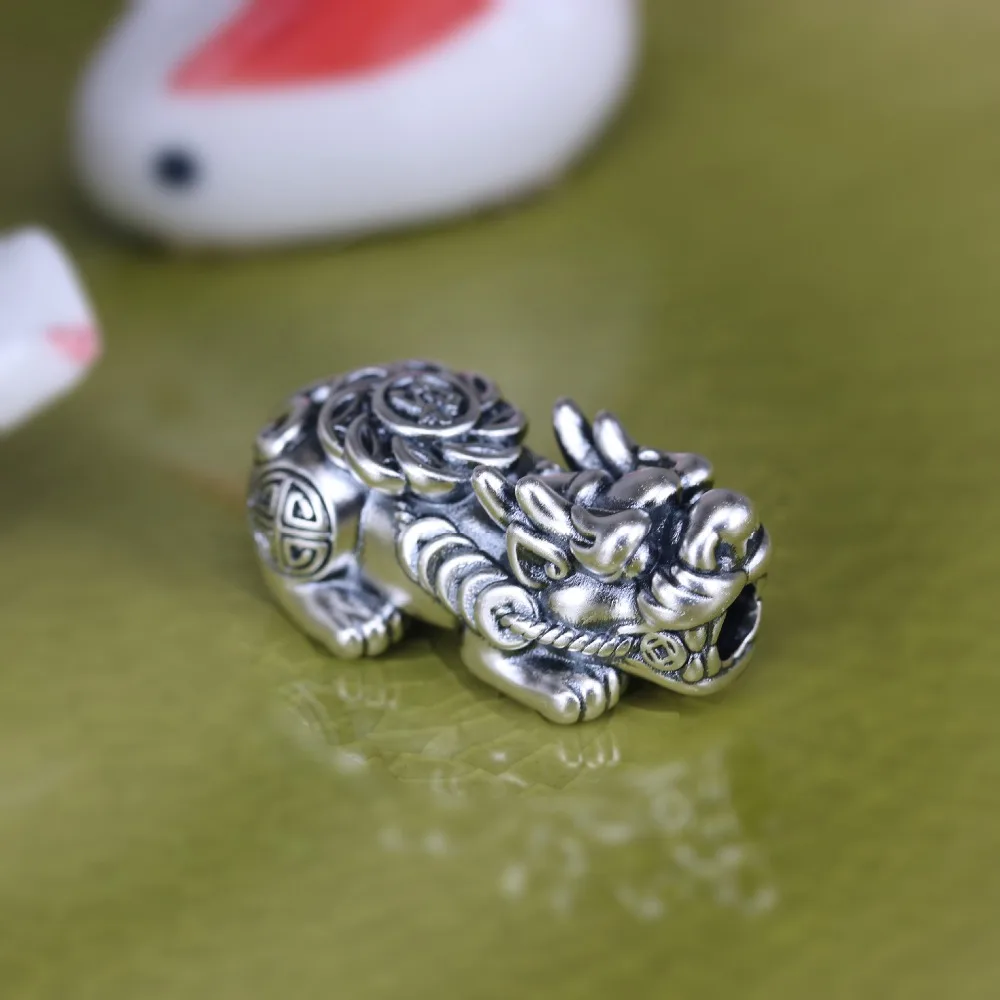 3D 999 серебряные бусины Fengshui Pixiu из твердого чистого серебра Lucky Beast ювелирные бусины DIY браслет Piyao бусины мощные для богатства