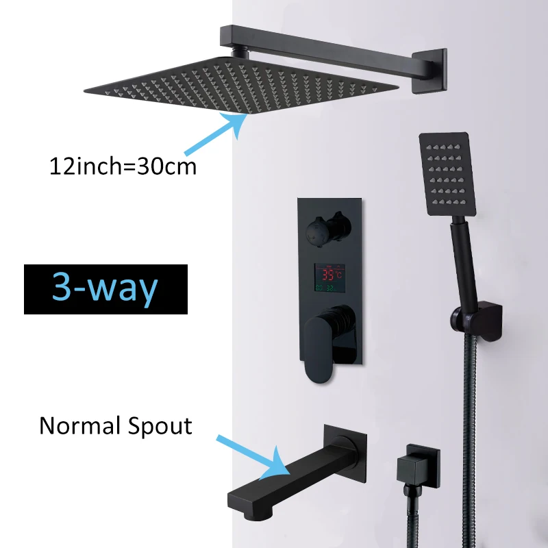 3-way 12inch normal Quyanre настенное крепление Ванная комната дождь водопад Смесители для душа набор скрытый Хромированная Душевая система смеситель для ванны и душа кран - Цвет: 3-way 12inch normal