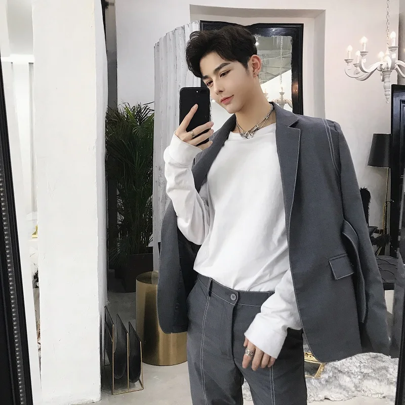 Мужские модные повседневные Костюмы(пиджак+ брюки), мужские белые, черные, серые приталенные блейзеры, куртки, брюки, костюмы для свадебной вечеринки