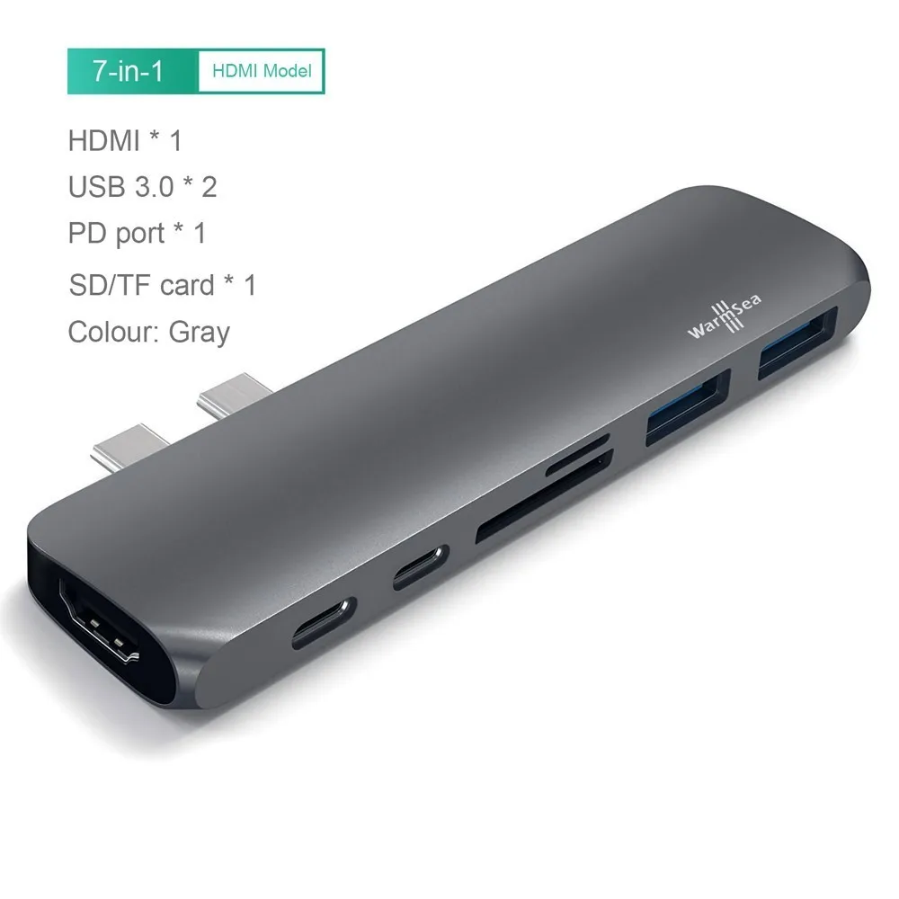 Серый USB C концентратор type C адаптер HDMI 4 K Thunderbolt 3 сплиттер USB-C док-станция с USB 3,0 TF считыватель SD карт PD RJ45 для MacBook Pro Air - Цвет: Серый