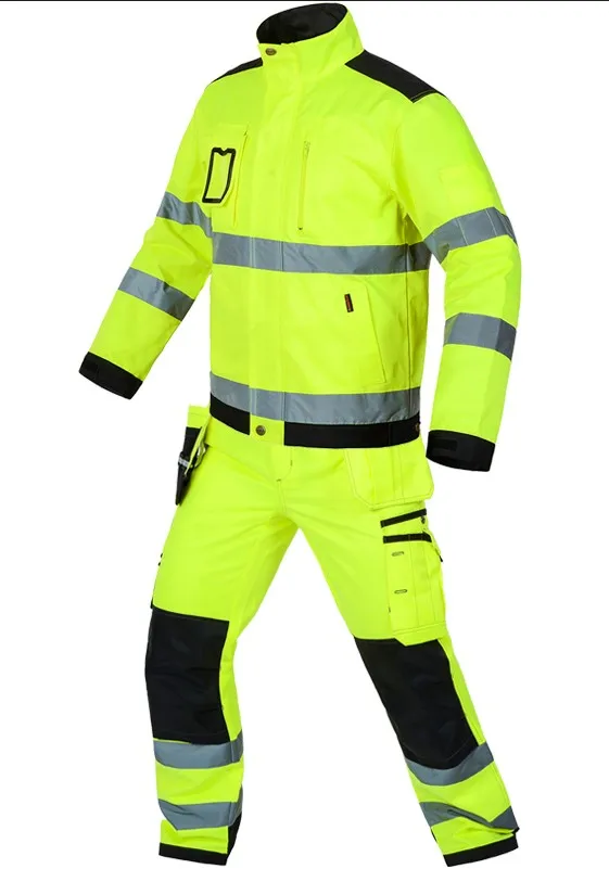 Fluorescent yellow Bauskydd высокая видимость комплект спецодежды рабочие наборы флуоресцентные желтые светоотражающие Рабочая куртка и рабочие брюки с наколенниками - Цвет: Fluorescent yellow