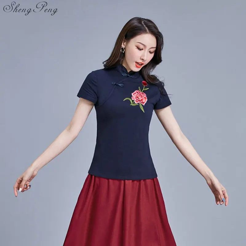 Рубашка-Ципао традиционная китайская одежда топ с вышивкой для девочек льняной в