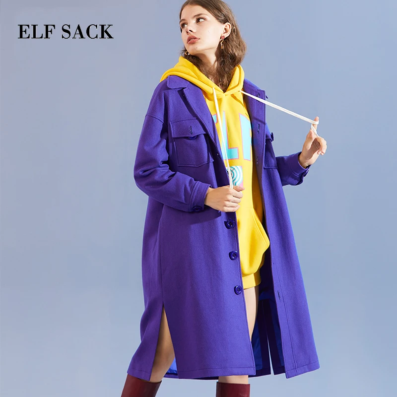 Женское шерстяное пальто ELFSACK элегантное плотное с отложным воротником Длинная