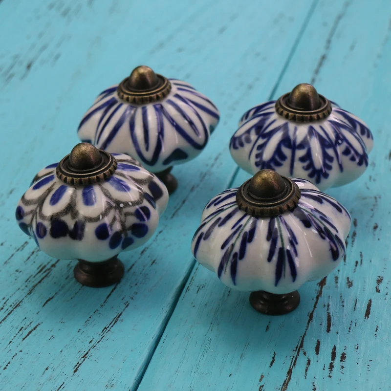 6 шт. синяя и белая ручная роспись керамическая фарфоровая ручка для ящика ручки