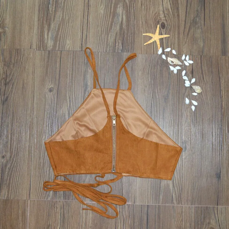 Висит шеи замши бретели ремешками крест Обёрточная бумага Boho укороченный топ Для