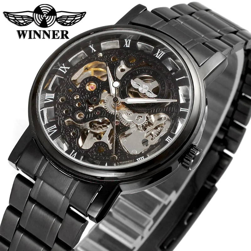 WINNER WRG8028M4B1 Automatic fashion dress wristwatch black watch with stainless steel band for men hot selling free ship
