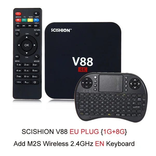 EU add EN Keyboard Смарт-ТВ приставка SCISHION V88 Android 5,1 приставка Rockchip 3229 Четырехъядерный 4K H.265 1 ГБ ОЗУ 8 Гб ПЗУ Android умный медиаплеер - Цвет: EU add EN Keyboard