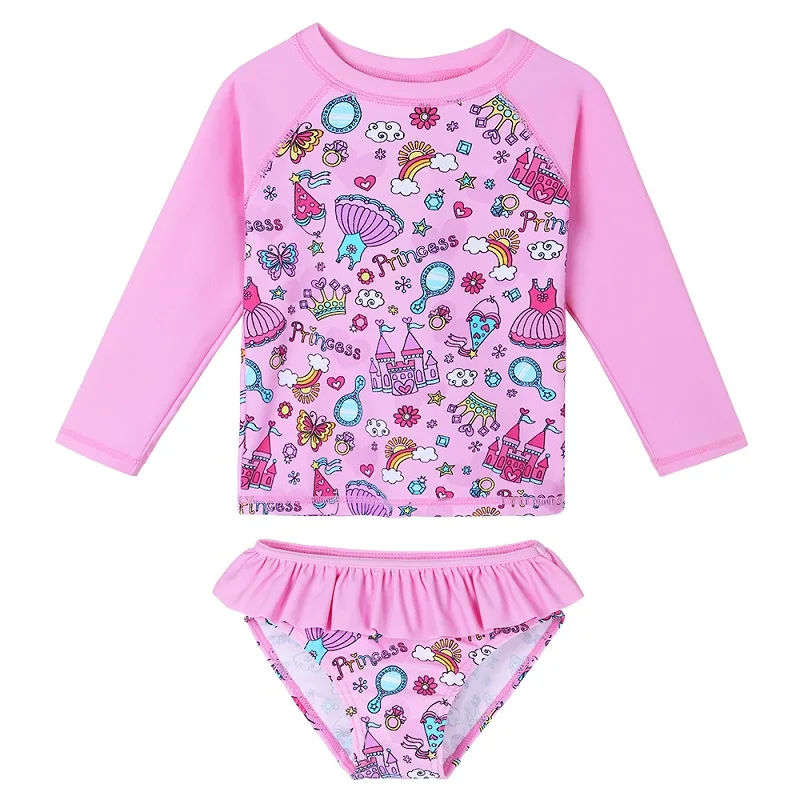 S307 Pink Castle BAOHULU/мультяшный детский купальник с длинными рукавами для девочек; детский купальный костюм из двух предметов; UPF50+ пляжные купальные костюмы для детей - Цвет: S307 Pink Castle