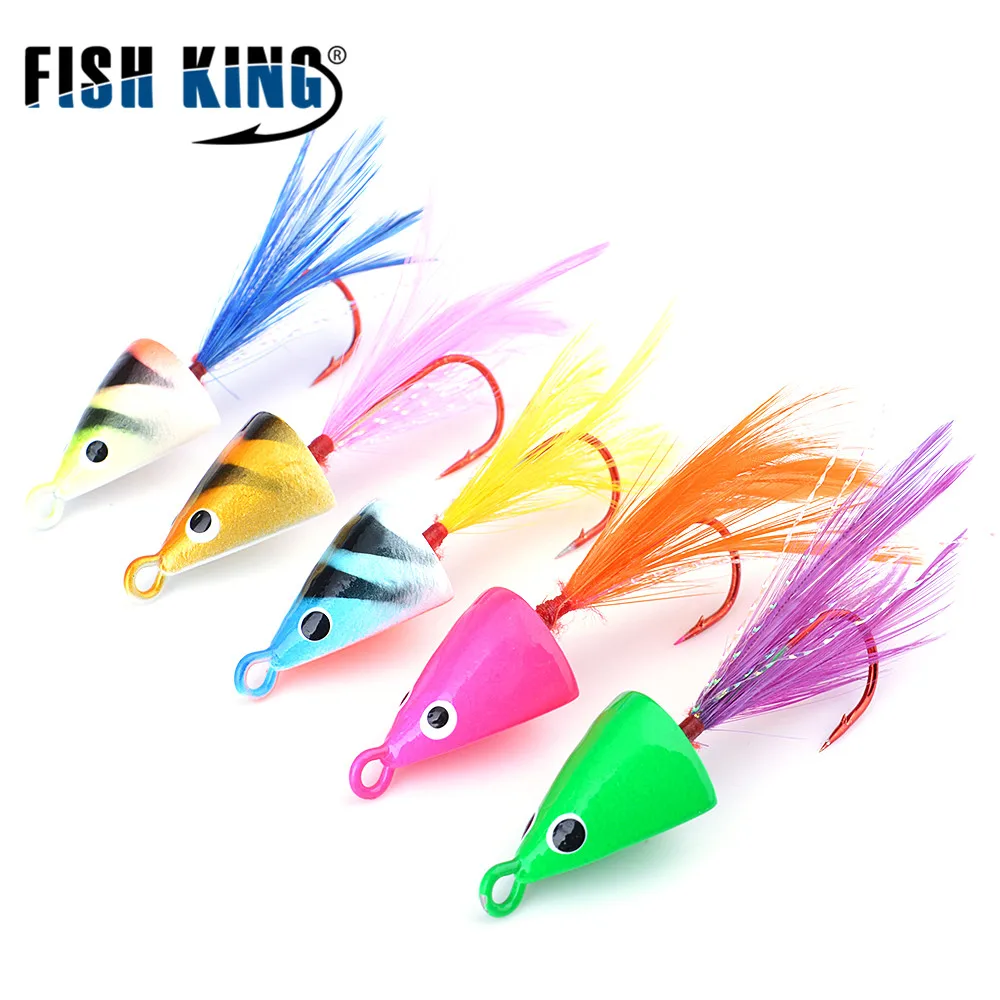 FISH KING 5 шт./лот, 3 г, 5 г, 8 г, 11 г, многоцветная приманка для подледной рыбалки, джиг-голова, рыболовный крючок с пером для зимней рыбалки