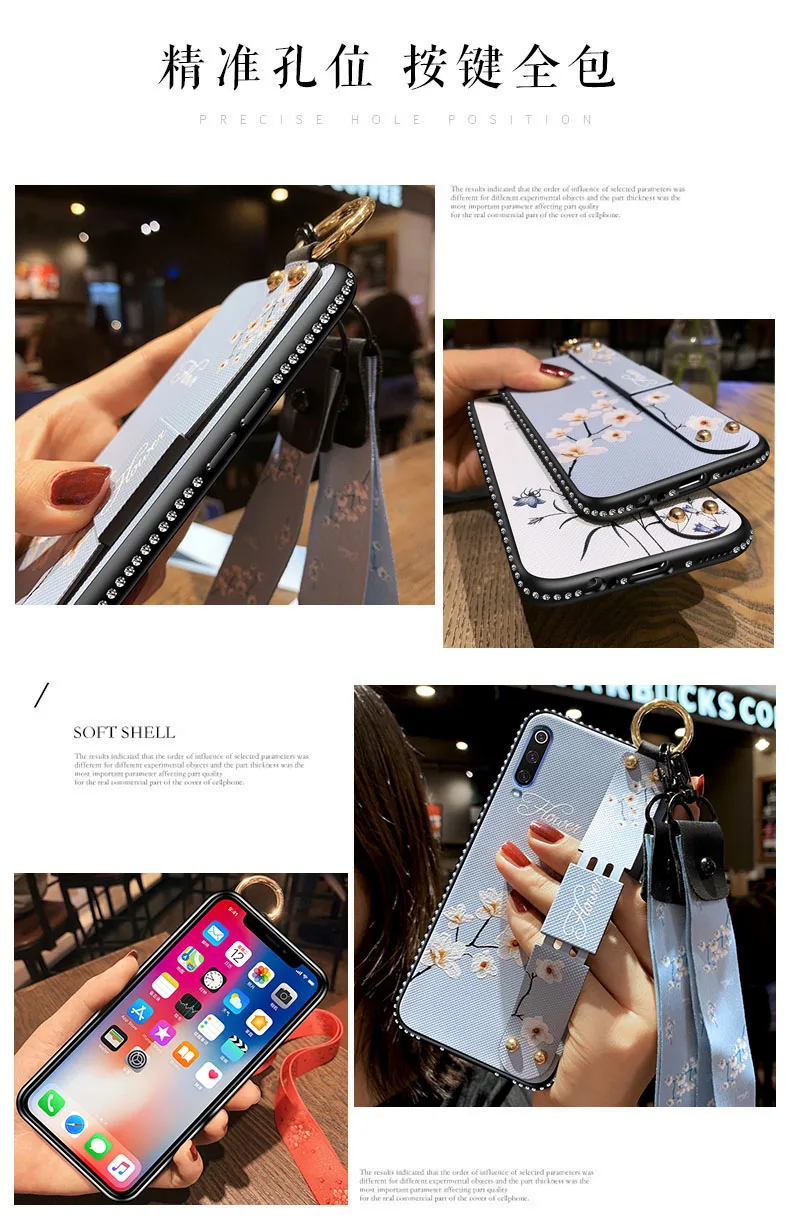 For Xiaomi Mi 9 Case Soft Fashion With wristband diamond Flowers Protective Back Cover for xiaomi mi9 phone shell |
