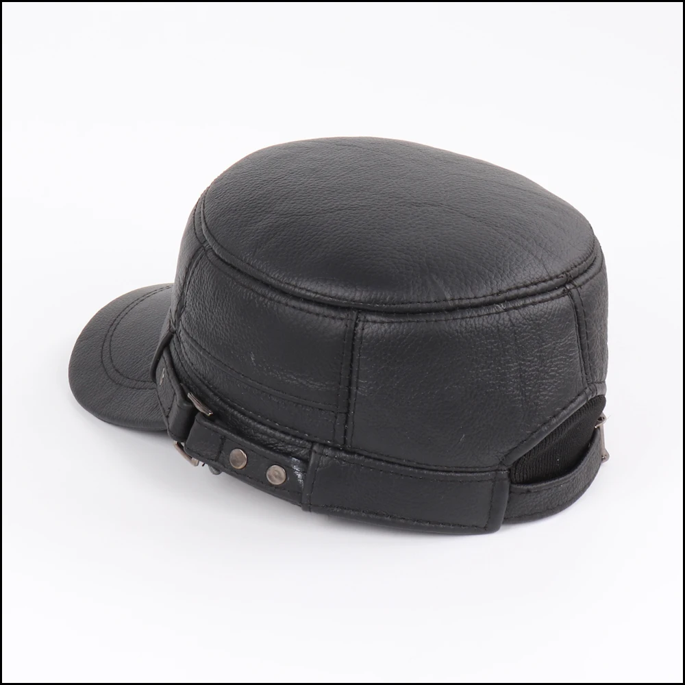 New Outdoor Men Real Sheepskin Leather Flat Caps Man Warm Real Natural Sheep Leather Military Hats Fall Winter Real Leather Hat