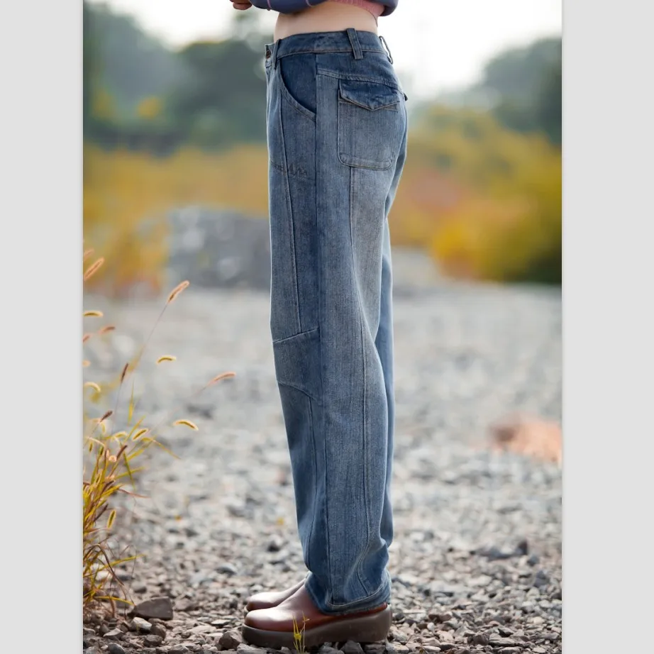 Джинсы женские прямые из смесовой хлопка с высокой талией на осень/зиму|jeans plus|plus