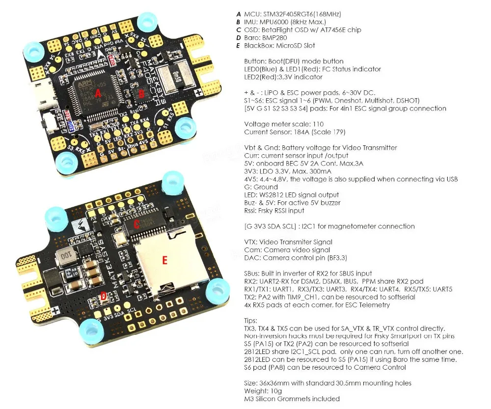 Matek Systems BetaFlight F405-CTR F405 CTR Контроллер полета встроенный PDB OSD 5 V/2A BEC ток Сенсор F4 для дистанционно управляемого мультикоптера
