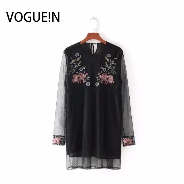 Женское мини-платье VOGUEIN Сетчатое платье с цветочным принтом и круглым вырезом