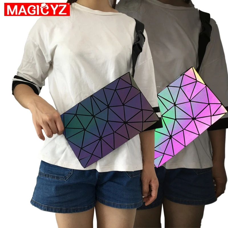 

MAGICYZ Luminous Women Waist Bags Holographic Fanny Pack Female Belt Bag Geometric Waist Pack Laser Chest Phone Pouch