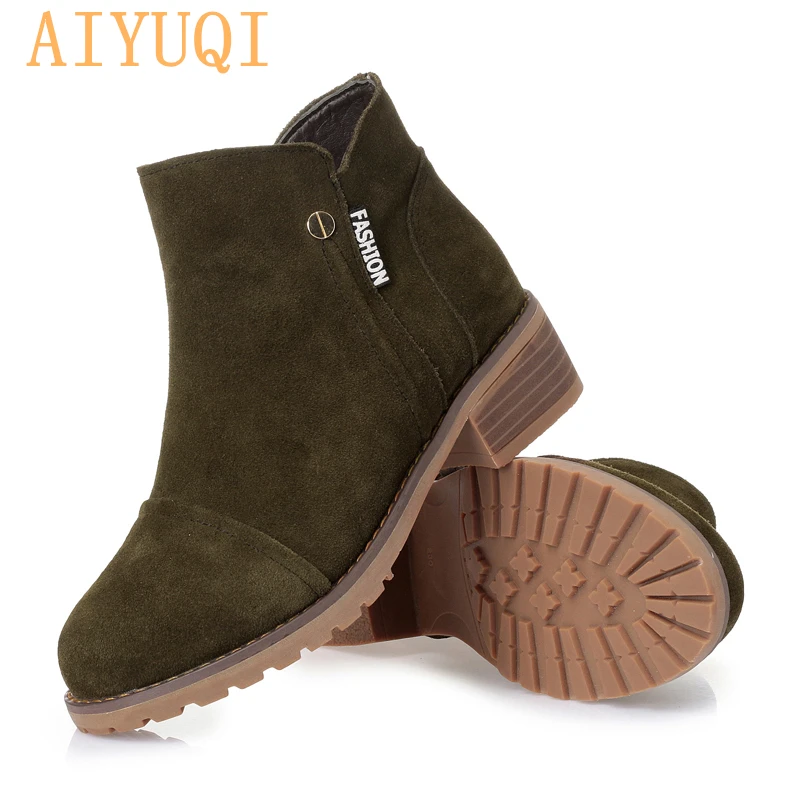 AIYUQI; коллекция года; Сезон Зима; новые женские Кожаные Замшевые Зимние ботинки; шерстяные теплые красные ботильоны для женщин; трендовые женские Ботинки martin